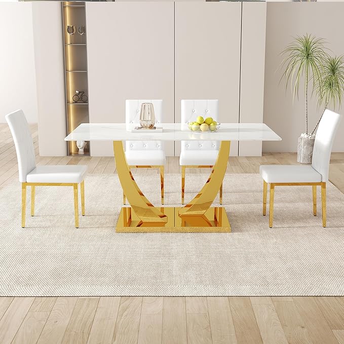 63" Modern Dining Table Set for 4, White Dining Room Set for 4, Tempered Glass Kitchen Table and PU Leather Chairs, Marble Pattern Top with Sturdy Gold Chrome Base