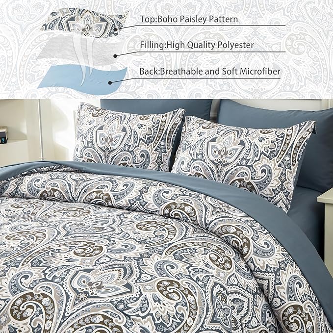 Drucon Blue Paisley Comforter Set Queen,7 Pieces Bed in a Bag Comforter Boho Paisley Pattern Bedding Set Soft Microfiber(1 Comforter,1 Flat Sheet, 1 Fitted Sheet,2 Pillowcases, 2 Pillow Shams)