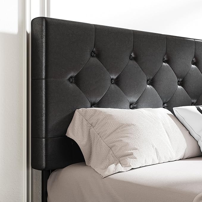 MUTICOR Queen Size Bed Frame with 4 Storage Drawers, Upholstered Platform Bed with Button Tufted Adjustable Headboard, No Box Spring Needed, Easy Assembly, Diamond Tufted, Black Leather