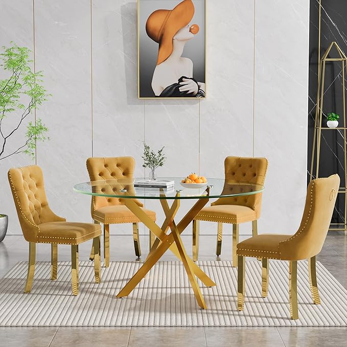 Goujxcy Round Dining Table Set for 4, Modern Glass Kitchen Table and Chairs Set of 4, 5-Piece Dining Room Table Set w/47 Circle Gold Glass Dining Table and 4 Upholstered Velvet Chairs