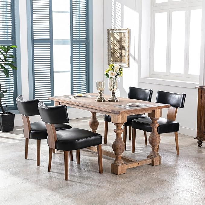 Set of 4 PU Leather Upholstered Side Chairs, Modern Kitchen Armless Parson Chairs Solid Wood Dining Chairs, Black