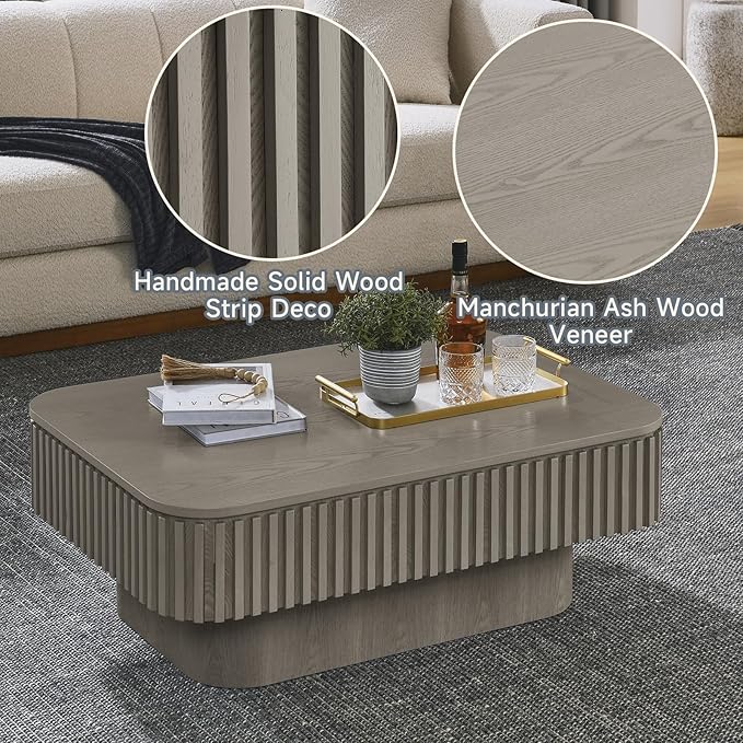 Lift Top Coffee Table for Living Room,Rectangle Handmade Solid Wood Strips, Fluted Coffee Table with Hidden Storage Compartment Small Space Office Apartment (38.6" L×26.8''W×13.8''H-Grey)