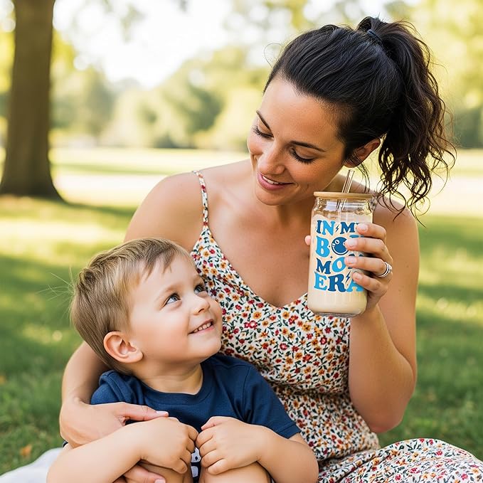 KLUBI Boy Mom Gifts for New Mother to Be - In My Boy Mom Era Cup 16oz Iced Coffee Glass with Lid and Straw - Baby Shower Mum Gifts for Women, Mama Coffee Mug for Expecting Mother Pregnancy Present
