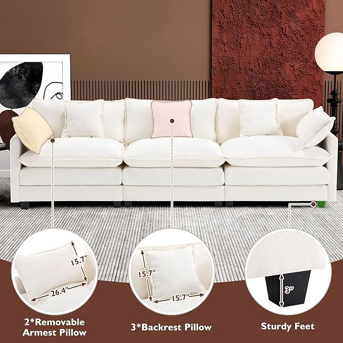 Ihanherry 111.4 Inch 3-Seater Cloud Sofa, Modular Sectional Couch, Modern Deep Seat Sofa for Living Room, Comfy Double Layer Upholstered Seat Cushion, Breathable Chenille Fabric, Beige