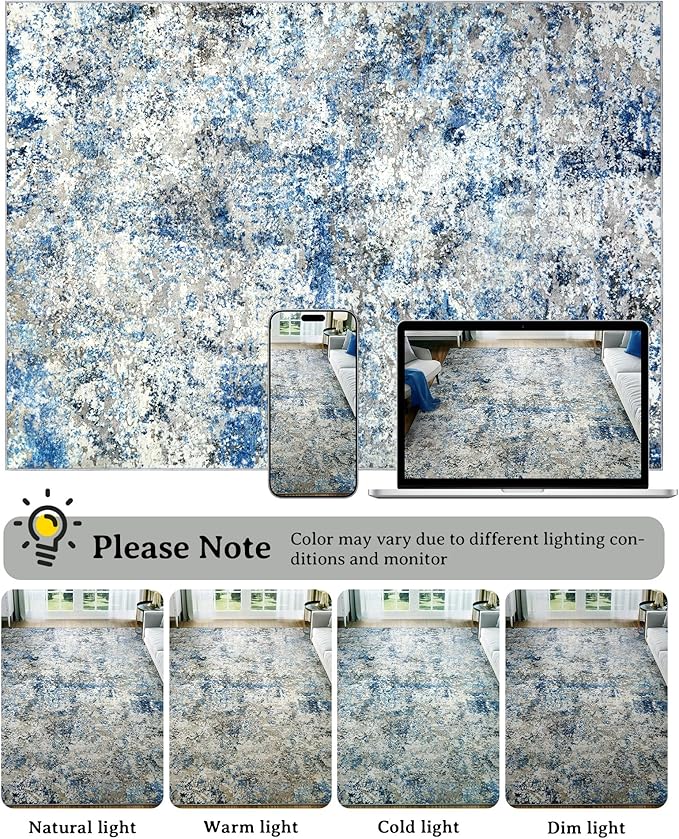 Area Rug for Living Room: 10x14 Washable Neutral Abstract Rug for Bedroom Modern Soft Dining Room Rug No Slip Low Pile Carpet for Nursery Home Office Decor - Grey/Blue
