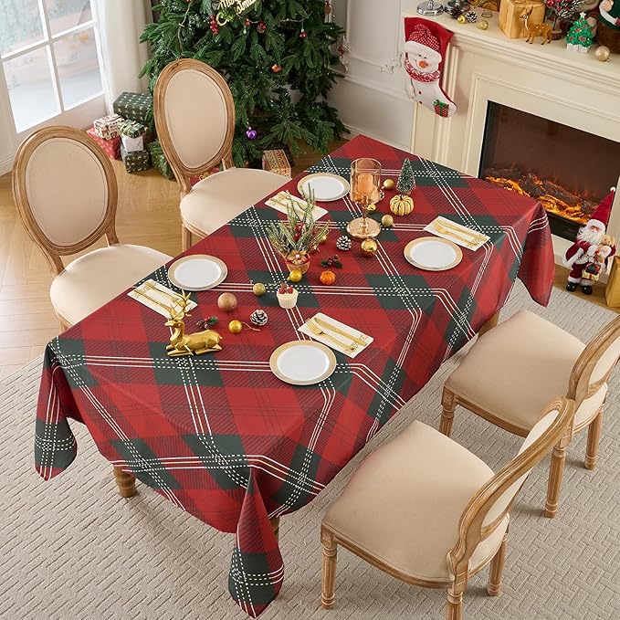 Christmas Tablecloth Rectangular 60x84 Inch Tablecloths for 4ft Waterproof, Machine Washable Polyester Table Cover for Xmas Party, Winter Holiday Home Decoration in Festive Checkered Green 1pack