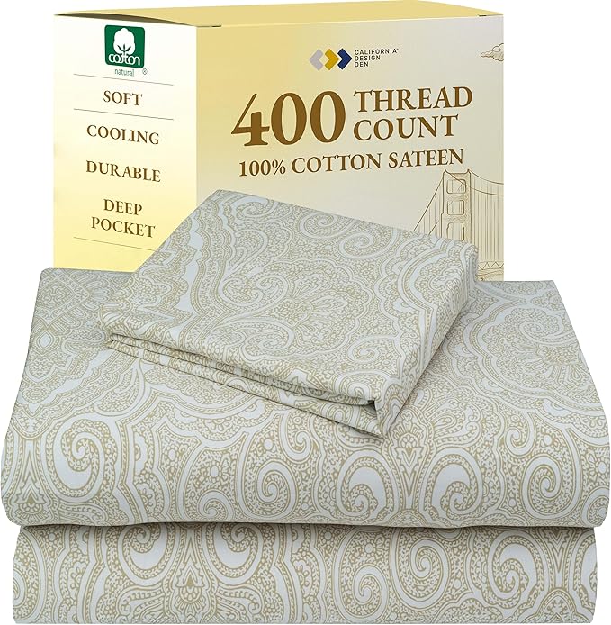 California Design Den Printed Twin XL Sheet Sets - 400 Thread Count Sateen, Natural 100% Cotton Sheets, Deep Pockets, Cooling and Durable Bedding Set - Paisley Pattern, Beige