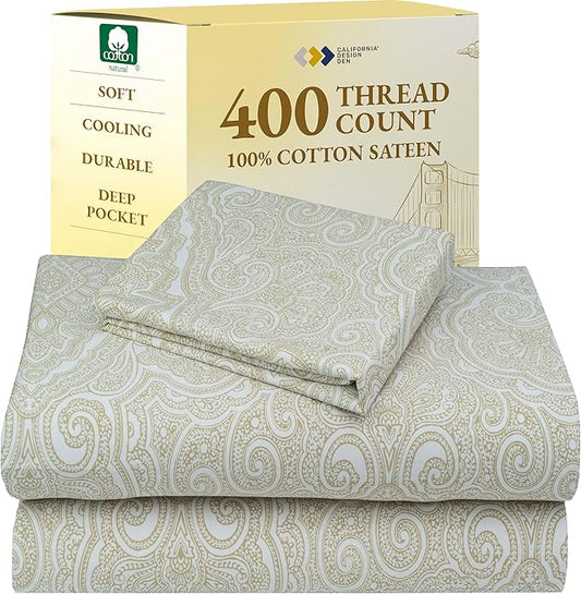 California Design Den Deep Pocket Twin Sheets Set - 400 Thread Count Sateen, Natural 100% Cotton Sheets, Cooling and Durable Bedding Set - Paisley Beige