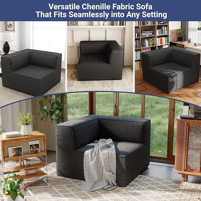 38“ Modular Sectional Sofa Convertible Cube Couch Seat Set, Combine L-Shaped U-Shaped, Free Assembly, Space-Saving for Living Room, Thick Foam Fabric Chenille Dark Grey (Only Corner)