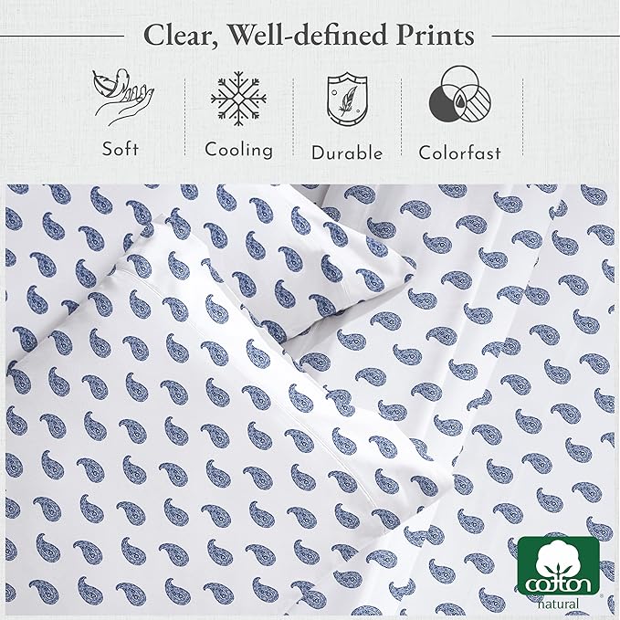 California Design Den Deep Pocket Twin Sheets Set - 400 Thread Count Sateen, Natural 100% Cotton Sheets, Cooling and Durable Bedding Set - Paisley Blue
