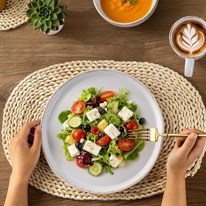 AmorArc 18 Pieces Ceramic Dinnerware Sets for 6, Handpainted Stoneware Plates and Bowls Set with Rustic Terracotta Underside, Scratch Resistant Dishes Set, Dishwasher & Microwave Safe, White