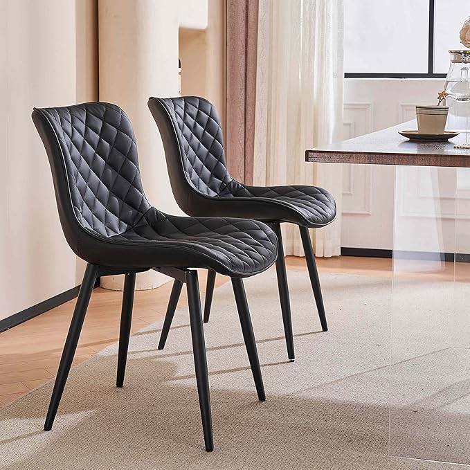 YOUTASTE Black Dining Chairs Set of 2, PU Leather Upholstered Mid-Century Modern Chair, with Thick Padded Back and Metal Legs, for Kitchen, Dining Room, Vanity, or Guest Waiting Room