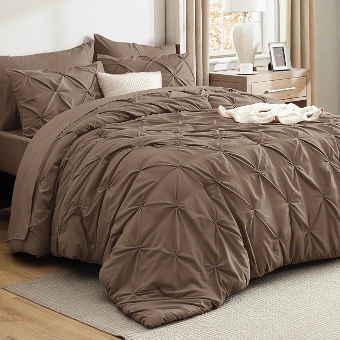 Bedsure Twin Comforter Set Brown - Bed in a Bag Twin Size Bedding 5 Pieces, GentleSoft™ Pintuck Bed Set Gift for Family, Pinch Pleat Brown Comforter with Sheets, Pillowcase & Sham
