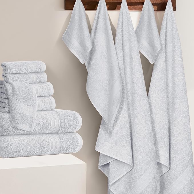 BOUTIQUO 24 Pack Cotton Towel Set, Contains 6 Bath Towels 27x54 inch, 6 Hand Towels 16x24 inch & 12 Wash Coths 12x12 inch, Ideal Everyday use, Ultra Soft Compact & Lightweight - Light Grey