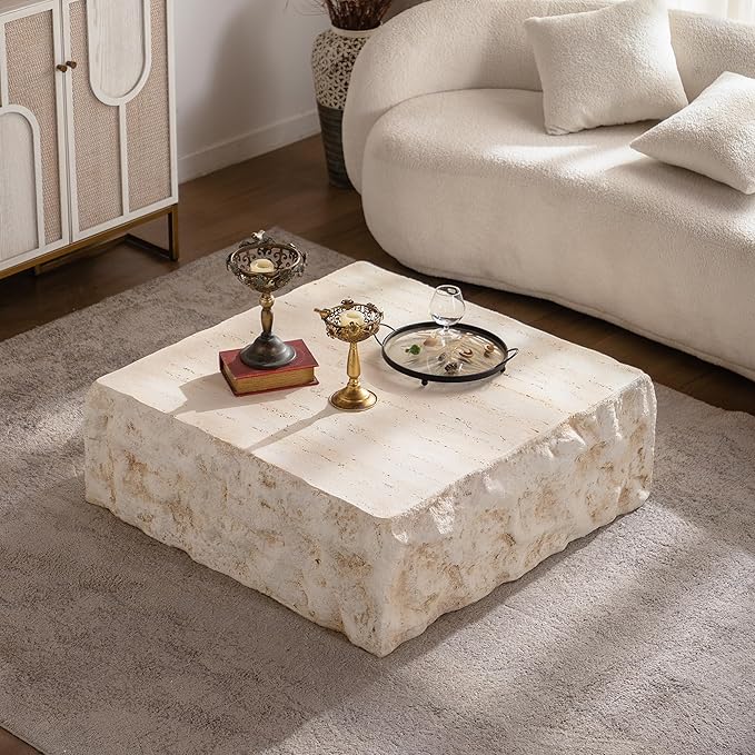 35.43" MgO Square Centre Coffee Table Vintage Faux Stone Sofa Pre-Modern Coffee Tables for Living Room Office Apartment,Amber
