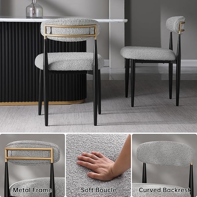 Morden Fort Modern Dining Chairs Set of 6, Boucle Upholstered Kitchen Chairs with Open Back and Black Metal Frame for Dining Room, Kitchen and Reception