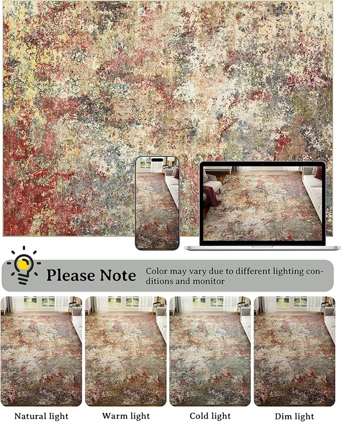 Washable Area Rug for Living Room: 5x7 Modern Abstract Neutral Soft Rug for Bedroom Dining Room No Slip Low Pile Carpet for Nursery Home Office - Red/Ivory