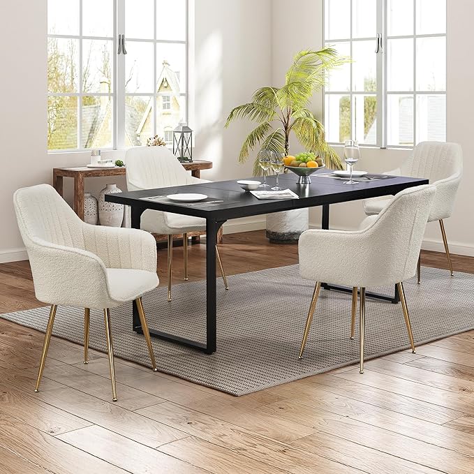 ECOTOUGE Teddy Velvet Dining Chairs Set of 4, Modern Arm Chair with Golden Metal Legs, Fluffy Boucle Sherpa Accent Chairs for Kitchen, Cream White