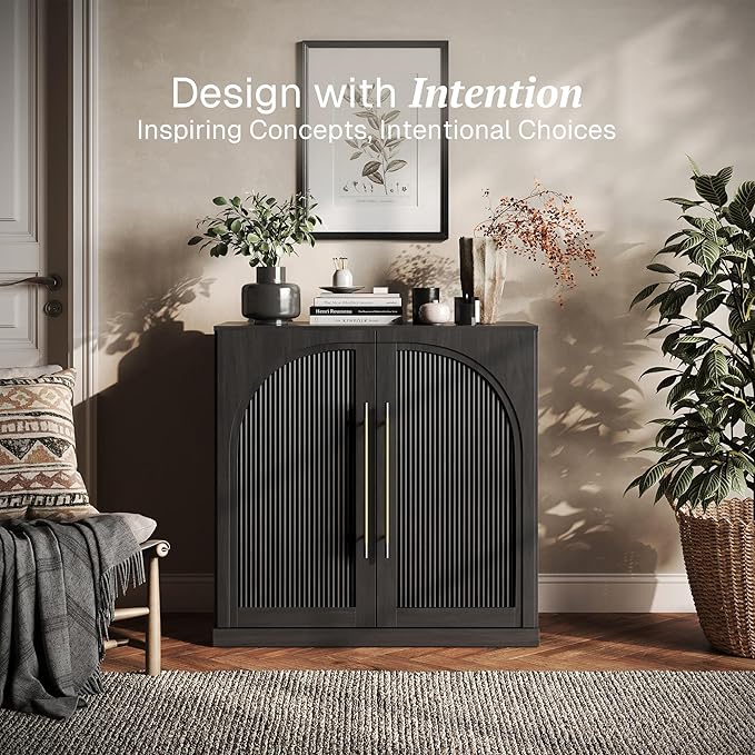 BELLEZE Modular Sideboard with Double-Arc Wood Doors, Small Arched Buffet Cabinet with Storage and Adjustable Shelves, Classic Modern Credenza for Dining Room, Living Room, or Entryway (Ebony)