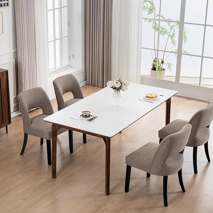 VKNOW Wooden Dining Chairs Set of 4, Modern Fabric Upholstered Dining Room Chair Kitchen Chairs, Farmhouse Dinner Chair for Kitchen Dining Room, Brown-Black Legs
