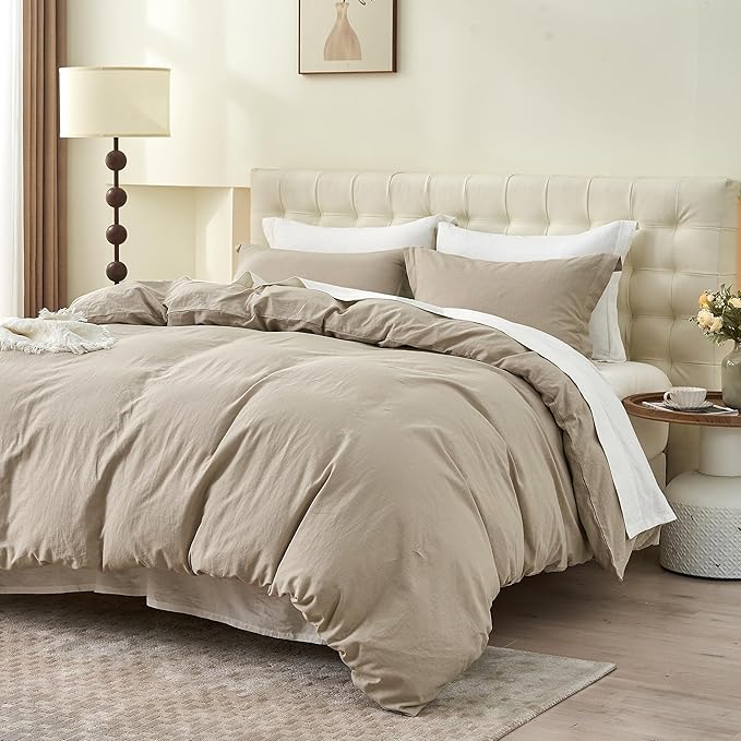 Simple&Opulence French Linen Duvet Cover Set 68" x 86"- 2 Pieces (1 Comforter Cover,1 Pillowcase)- Natural Flax Cotton Blend-Solid Color Breathable Farmhouse Bedding- Khaki, Twin