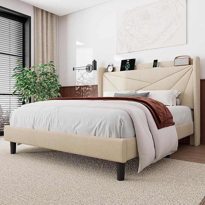 Feonase Queen Size Bed Frame with Charging Station, Linen Upholstered Platform Bed Frame with Wingback Storage Headboard, Solid Wood Slats Support, No Box Spring Needed, Noise Free, Beige