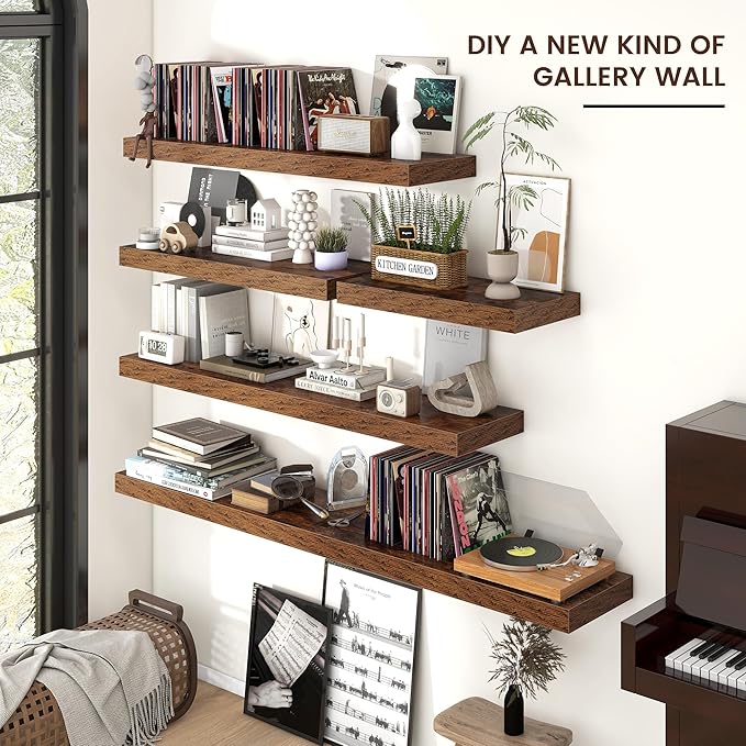 Floating Shelves for Wall, 40" W x 12" D x 2" H, 1 Pack of Long Wall Mounted Engineered Wood Shelves with Invisible Brackets for Living Room, Bedroom, Bathroom, Kitchen Decor, Brown