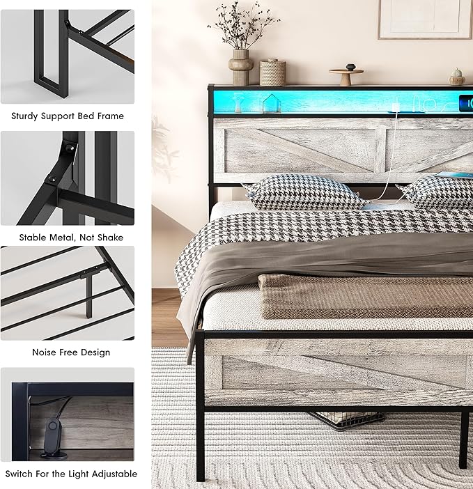 Vabches Full Size Bed Frame with Headboard and Charging Station, Wash Grey Platform Bed Frame with Led Light, No Box Spring Needed, Noise Free Farmhouse Bedroom Set