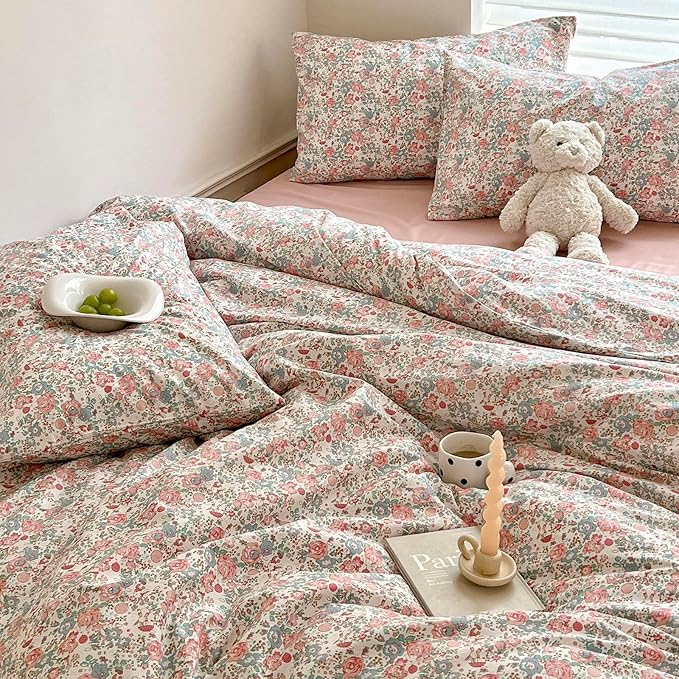 Boho Floral Duvet Cover Twin Soft Cotton Aesthetic Floral Bedding Sets French Style Pink Blue Flower Branches Duvet Cover Chic Shabby Garden Floral Comforter Cover Botanical Twin Size Bedding Sets