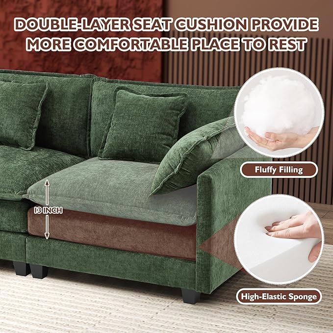 Ihanherry Cloud Sofa 77 Inch Loveseat, Modern Sectional Couch, 2-Seats Sofa for Living Room Bedroom and Apartment, Comfy Double Layer Upholstered Seat Cushion, Breathable Chenille Fabric, Green