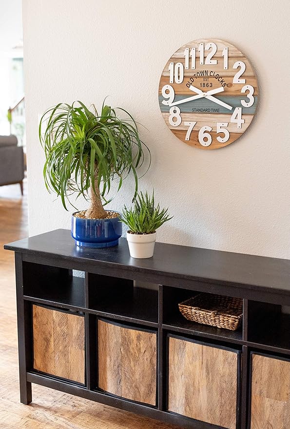 18" Wooden Multi-Color Maritime Coastal Beach Large Number Wall Clock (Blue, 18 inch)