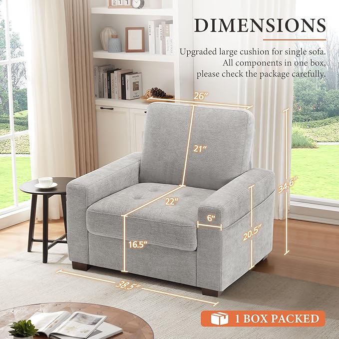 Ihanherry 39 Inch Sofa Single with Side Pocket, Comfy Modern 1-Seat Sofa for Living Room & Bedroom, Removable Medium Firm Sofa Cushion, Breathable Chenille Fabric, Grey
