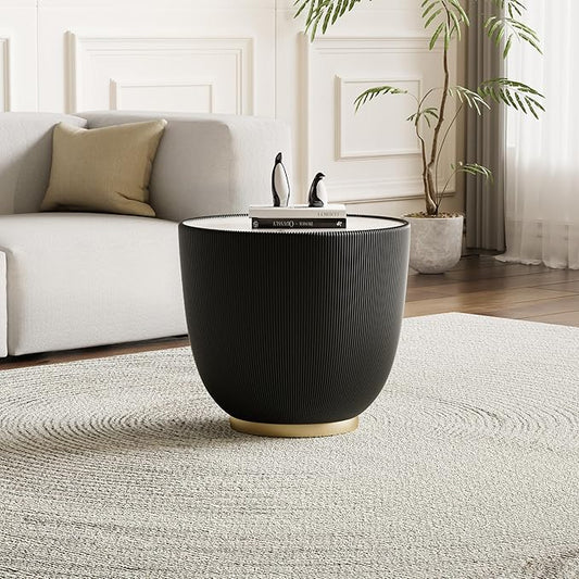 Black Round Coffee Table with Sintered Stone Tabletop, 19.69 Drum Coffee Table with Fluted PU Leather Covered and Metal Base, Circle Cocktail Tea Table for Living Room