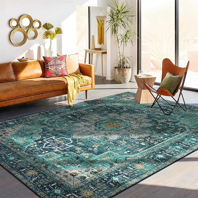 Moynesa Ultra-Thin Vintage Area Rug - 9x12 Large Living Room Rug, Non-Slip Stain Resistance Low Pile Bedroom Mat, Oriental Indoor Office Floor Carpet for Dining Room Kitchen Table Dorm