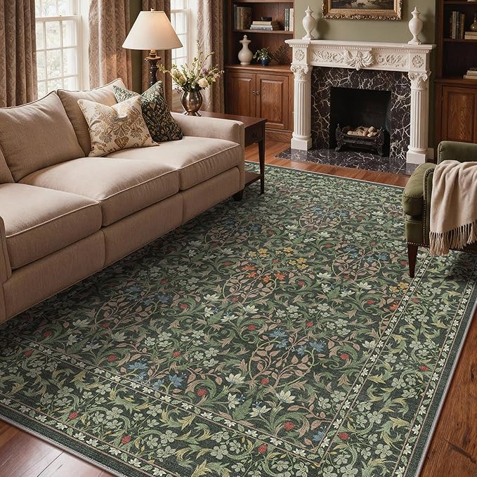 GENIMO Large 8x10 Area Rug for Living Room, Boho Floral Vintage Non-Slip Carpet, Soft Low-Pile Lightweight Indoor Rug, Stain Resistant Thin Rug for Bedroom, Dining Room, Nursery, Emerald Green