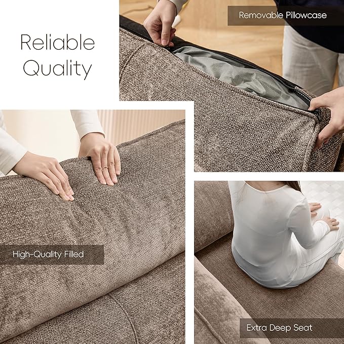 Ihanherry 92" Modern Sofa for Living Room, Deep Seat Chenille Couch with Fast Charging Port & Removable Washable Cushions, Pillow-Armrest Loveseat for Small Space/Apartment, Sturdy Frame, Brown
