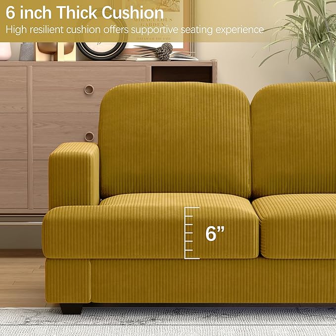 WiberWi 87 inch Couches for Living Room, Comfy 3 Seater Sofa with Deep Seat, Modern Corduroy Couch with Wide Armrests, Upholstered Backrests with Removable Cover, Mustard