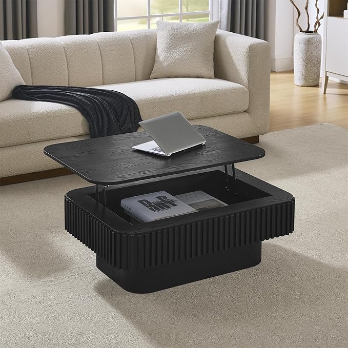 Lift Top Coffee Table for Living Room,Rectangle Handmade Solid Wood Strips, Fluted Coffee Table with Hidden Storage Compartment for Small Space Office Apartment (38.6"L×26.8''W×13.8''H-Black)