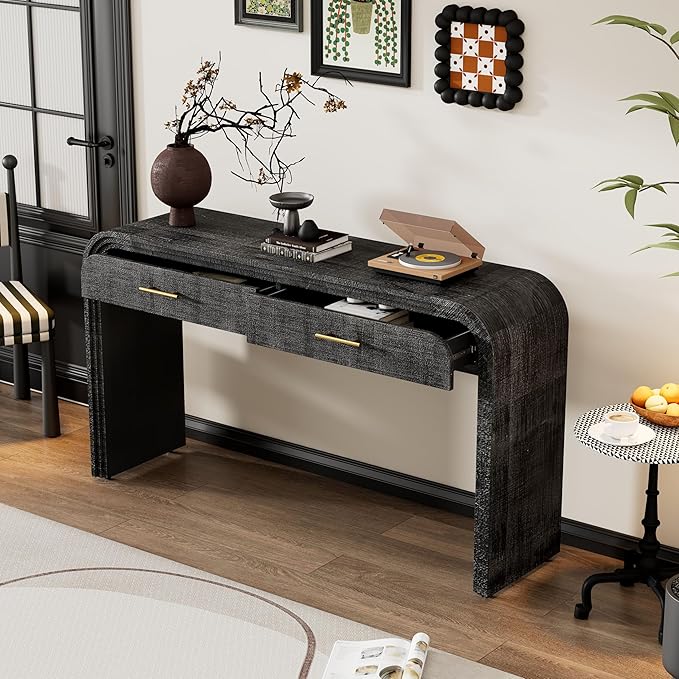 GDFStudio 59" Retro Console Table with Drawers, Narrow Entryway Cabinet Sofa Table with Fluted Details & Distressed Finish, Wood Sideboard Buffet Tables for Living Room Dining Room, Antique Black-1