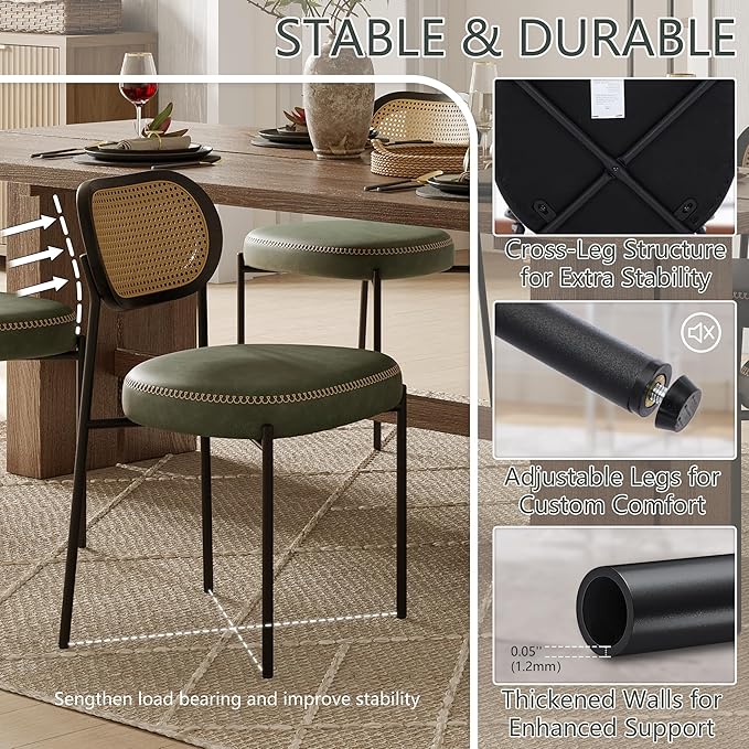 Rattan Dining Chairs Set of 6, Green Leather Upholstered Dining Chairs with Rattan Cane Back, Mid Century Modern Dining Room Chairs with Black Metal Legs & D-Shaped Thicken Cushion, Green