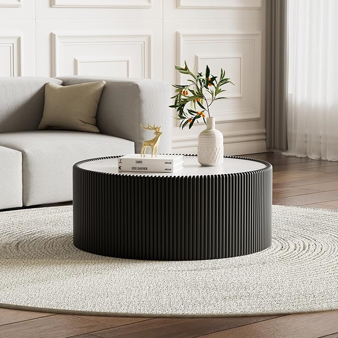 Round Coffee Table Set with Sintered Stone Tabletop, 29.52" Black Drum Center Table and 17.71" Black Coffee Table Set, 2 Pieces Living Room Table Set with Fluted PU Leather Cover& Stable Base