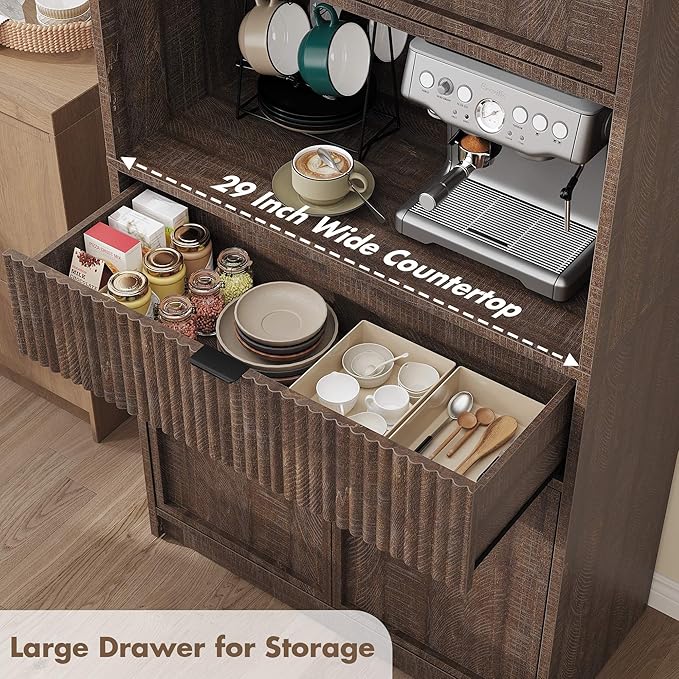 IDEALHOUSE Tall Storage Cabinet, 70" Kitchen Pantry Cabinet with Doors, Fluted Kitchen Hutch Cupboard with Microwave Shelf & Drawer, Freestanding Cupboard for Dining Room, Living Room, Brownish Red