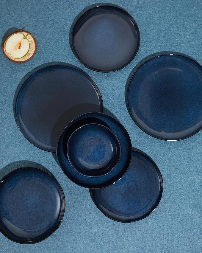18 Piece Stoneware Dish Set for 6, Reactive Glaze Ceramic Plates and Bowls Set | Coastal‑Inspired Irregular Design for Casual Entertaining & Intimate Dinners | Dishwasher & Microwave Safe