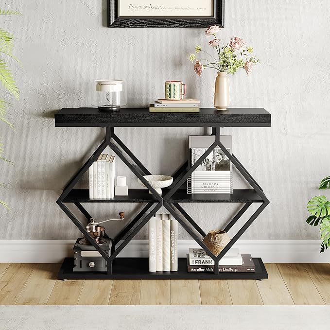 Garvee 3-Tier Entryway Table, Industrial Console Sofa Table with Storage, Accent Table with Open Shelves, Diamond-Shaped Metal Frame, Foyer Table for Entryway, Hallway, Black