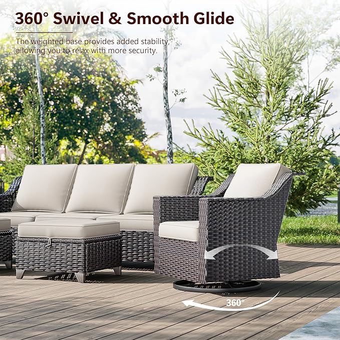 Outdoor Swivel Chairs Set of 2, Luxury Wicker Patio Chair with Wide Armrest, Thickened Cushions, Outdoor Rattan Furniture for Deck, Porch Use