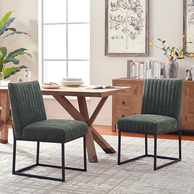 VKNOW Upholstered Dining Chairs, Modern Dining Room Chairs with Stripe, Linen Kitchen Chair Dinner Chair with Black Metal Base for Kitchen Office, Green
