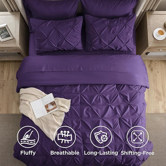 Bedsure California King Comforter Set Purple - Bed in a Bag Cal King Bedding Set 7 Pieces, GentleSoft™ Pintuck Bed Set Gift for Family, Pinch Pleat Purple Comforter with Sheets, Pillowcases & Shams