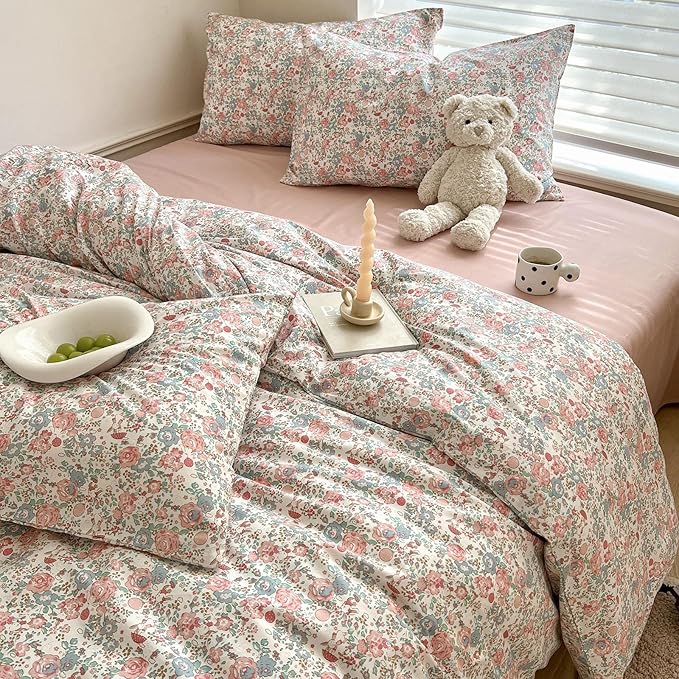 Boho Floral Duvet Cover Queen Soft Cotton Aesthetic Floral Bedding Sets French Style Pink Blue Flower Branches Duvet Cover Chic Shabby Garden Floral Comforter Cover Botanical Queen Size Bedding Sets