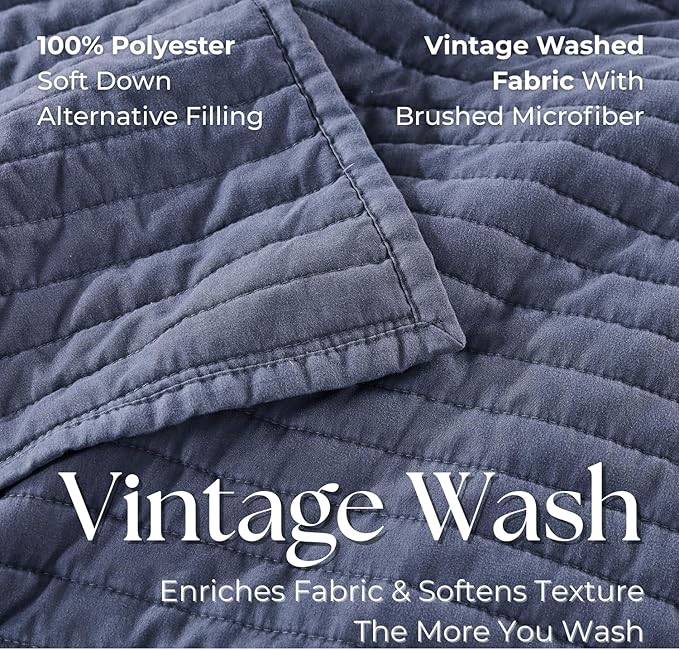 DOWN HOME Queen Quilt Bedding Set with Shams, Vintage Washed Soft Quilted Blanket Thin Comforter Lightweight Bedspread Coverlet Bed Cover, Brushed Microfiber Stripe Stitching, Vintage Denim, 86"x90"