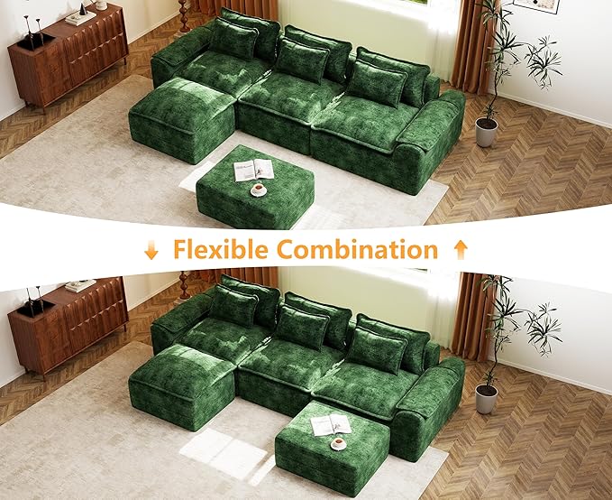 Hobestluk 120" Cloud Modular Sectional Couch 3-Seater Sofa with Ottomans U Shaped Couch Deep Seat Sofa with Removable Cover Large Sofa for Living Room (Green, 3-Seater Sofa with Two Ottomans)